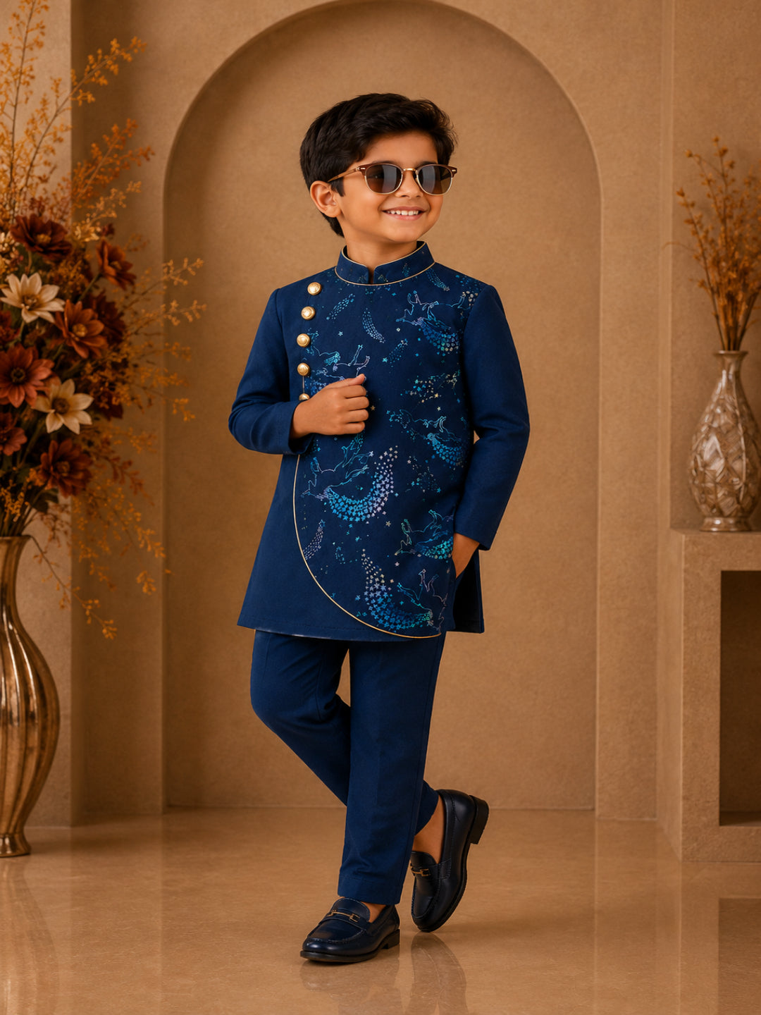 Elaisha Boys Woven Full Sleeve All Over Unicorn Print Kurta With Pajama -Navy Blue