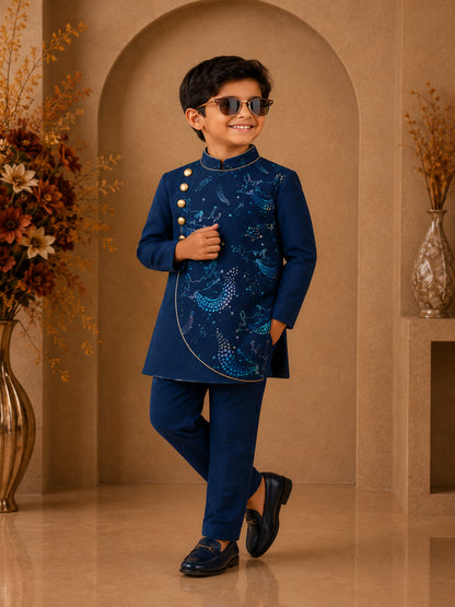 Elaisha Boys Woven Full Sleeve All Over Unicorn Print Kurta With Pajama -Navy Blue