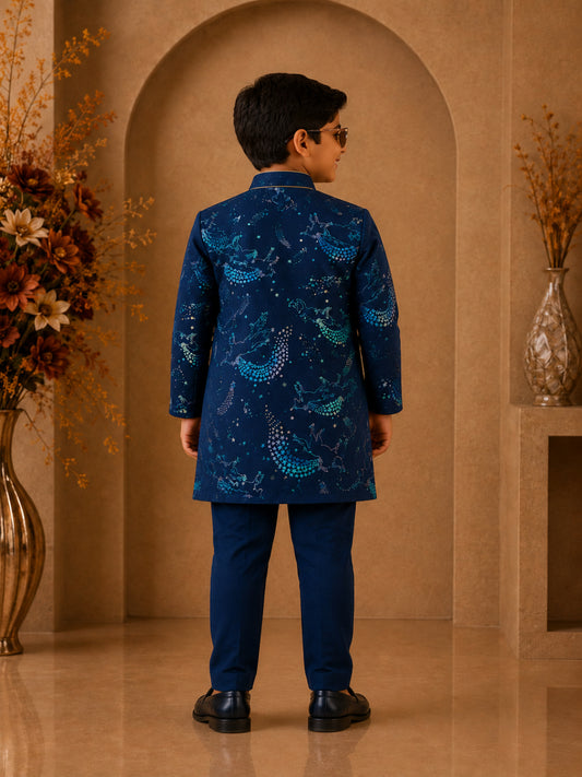 Elaisha Boys Woven Full Sleeve All Over Unicorn Print Kurta With Pajama -Navy Blue