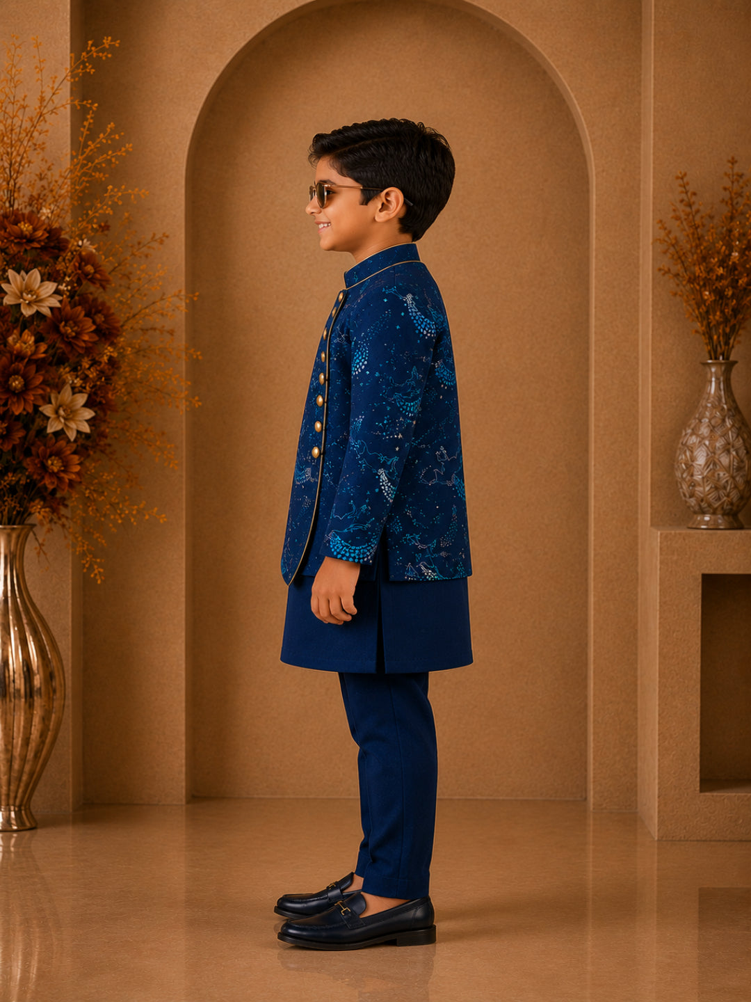 Elaisha Boys Woven Full Sleeve All Over Unicorn Print Kurta With Pajama -Navy Blue