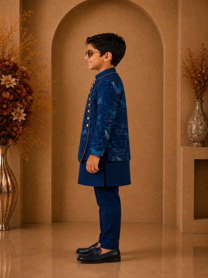Elaisha Boys Woven Full Sleeve All Over Unicorn Print Kurta With Pajama -Navy Blue