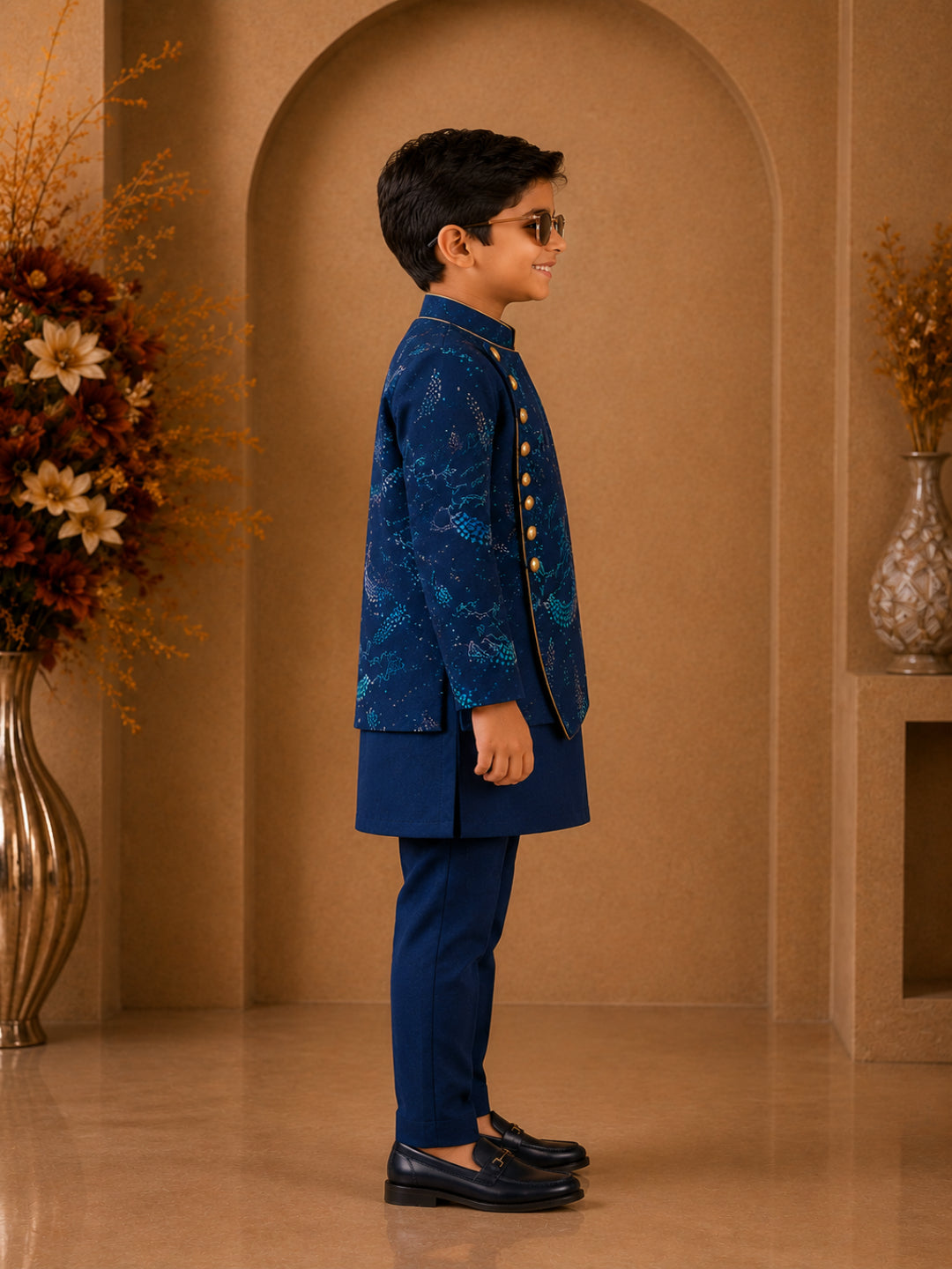 Elaisha Boys Woven Full Sleeve All Over Unicorn Print Kurta With Pajama -Navy Blue