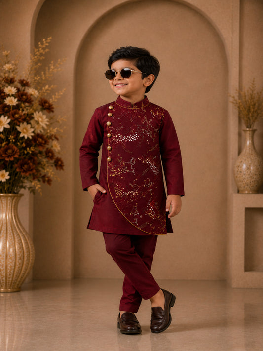 Elaisha Boys Woven Full Sleeve All Over Unicorn Print Kurta With Pajama -Maroon