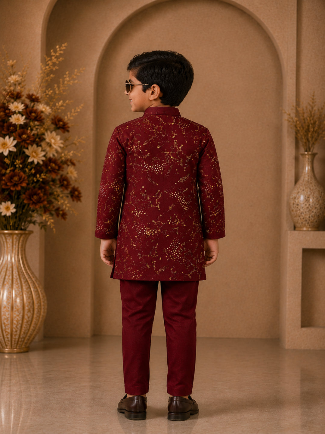 Elaisha Boys Woven Full Sleeve All Over Unicorn Print Kurta With Pajama -Maroon