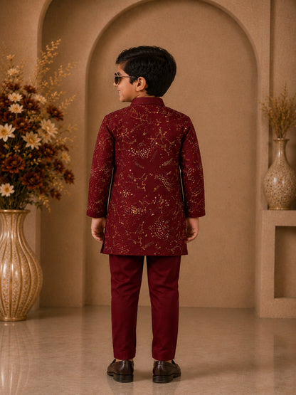 Elaisha Boys Woven Full Sleeve All Over Unicorn Print Kurta With Pajama -Maroon