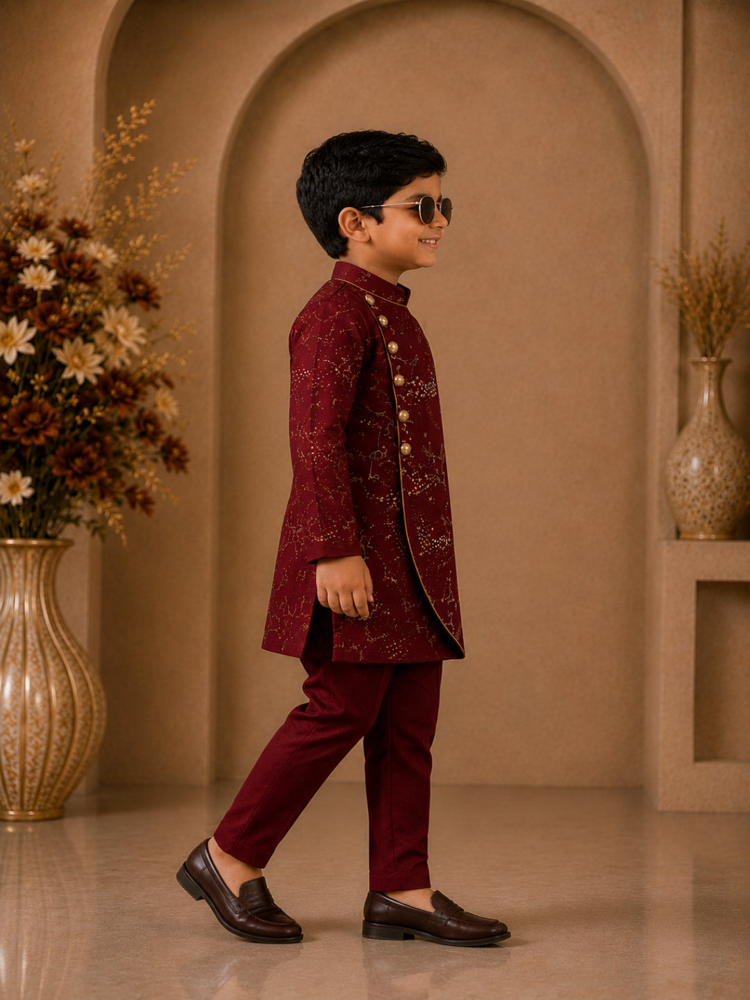Elaisha Boys Woven Full Sleeve All Over Unicorn Print Kurta With Pajama -Maroon
