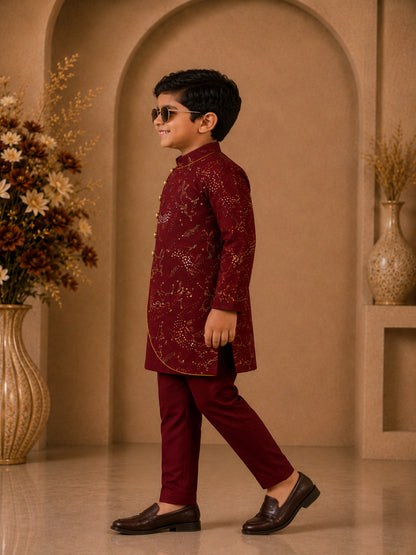 Elaisha Boys Woven Full Sleeve All Over Unicorn Print Kurta With Pajama -Maroon