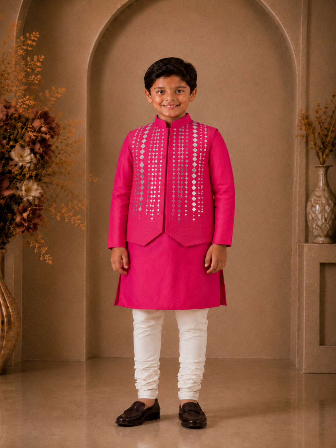 Elaisha Boys Woven Full Solid Kurta & Pajama With Embellished Jacket - Pink & White