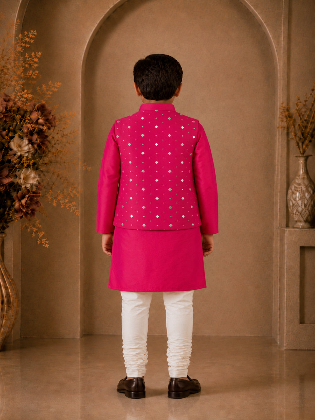 Elaisha Boys Woven Full Solid Kurta & Pajama With Embellished Jacket - Pink & White