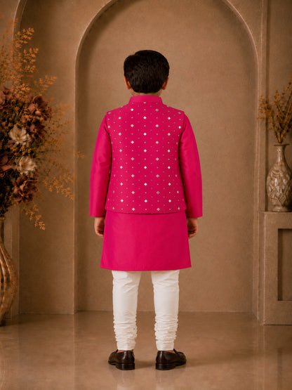 Elaisha Boys Woven Full Solid Kurta & Pajama With Embellished Jacket - Pink & White