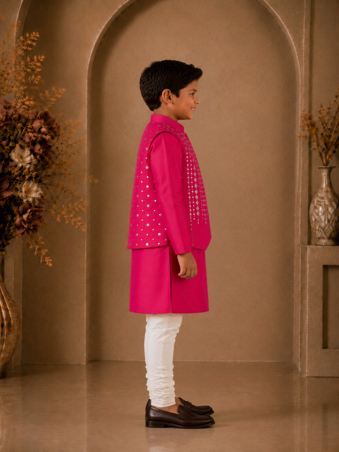 Elaisha Boys Woven Full Solid Kurta & Pajama With Embellished Jacket - Pink & White