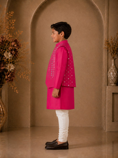 Elaisha Boys Woven Full Solid Kurta & Pajama With Embellished Jacket - Pink & White