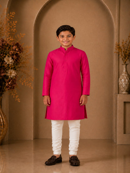Elaisha Boys Woven Full Solid Kurta & Pajama With Embellished Jacket - Pink & White