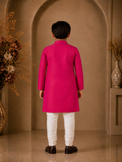 Elaisha Boys Woven Full Solid Kurta & Pajama With Embellished Jacket - Pink & White