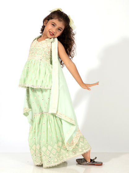 Elaisha Girls Peplum Top & Sharara with Embroidered Long Shrug Set - Pastle Green
