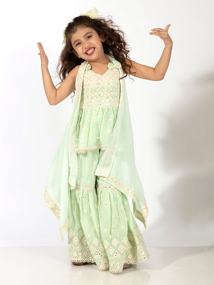 Elaisha Girls Peplum Top & Sharara with Embroidered Long Shrug Set - Pastle Green