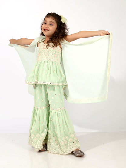 Elaisha Girls Peplum Top & Sharara with Embroidered Long Shrug Set - Pastle Green