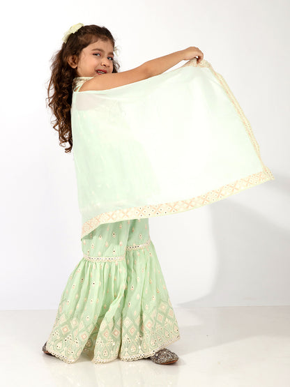 Elaisha Girls Peplum Top & Sharara with Embroidered Long Shrug Set - Pastle Green