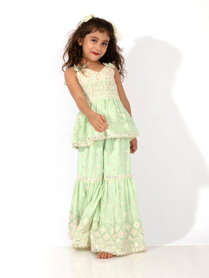 Elaisha Girls Peplum Top & Sharara with Embroidered Long Shrug Set - Pastle Green