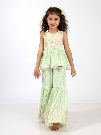 Elaisha Girls Peplum Top & Sharara with Embroidered Long Shrug Set - Pastle Green