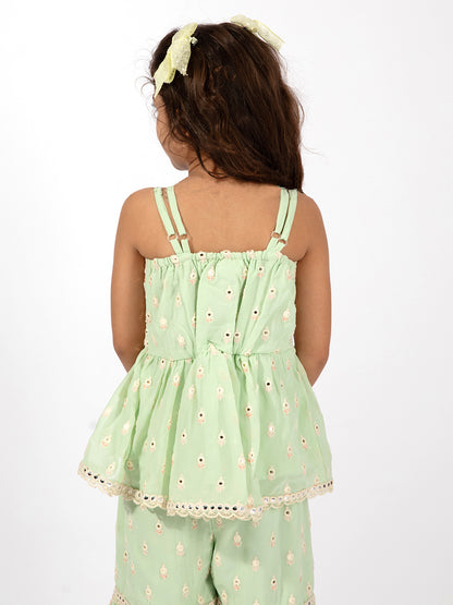 Elaisha Girls Peplum Top & Sharara with Embroidered Long Shrug Set - Pastle Green