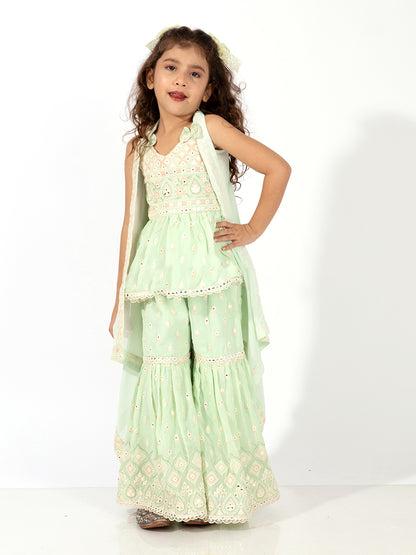 Elaisha Girls Peplum Top & Sharara with Embroidered Long Shrug Set - Pastle Green