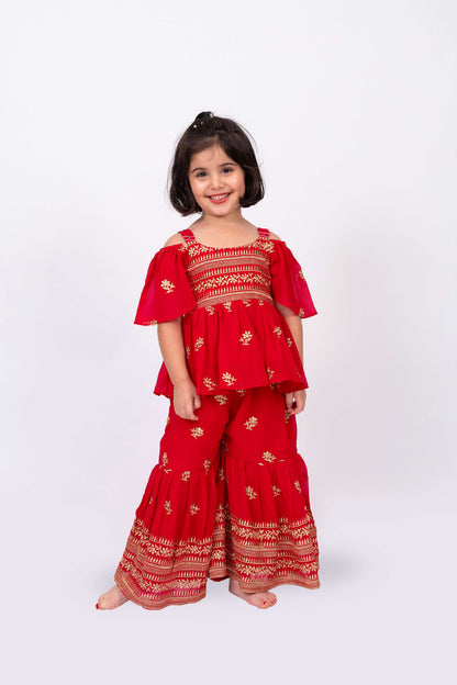 Elaisha Girls Embroidered Cold-Shoulder Peplum Top & Sharara Pants Co-ord Set - Red