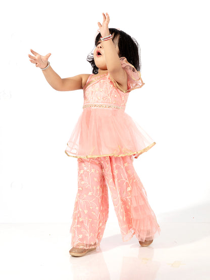 Elaisha Girls  Net Embroidered Peplum Top & Ruffled Detailed Sharara Pants Set- Peach