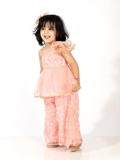 Elaisha Girls  Net Embroidered Peplum Top & Ruffled Detailed Sharara Pants Set- Peach
