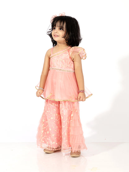 Elaisha Girls  Net Embroidered Peplum Top & Ruffled Detailed Sharara Pants Set- Peach