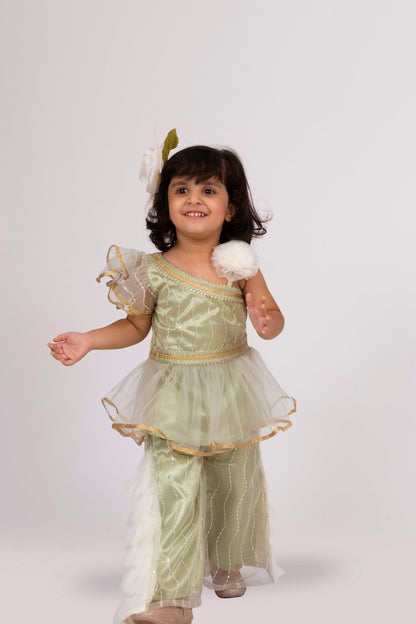 Elaisha One-Shoulder Sleeve Ruffle Detailed Top With Palazzo Set - Pista Green