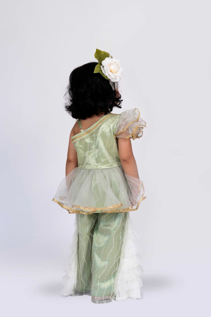 Elaisha One-Shoulder Sleeve Ruffle Detailed Top With Palazzo Set - Pista Green