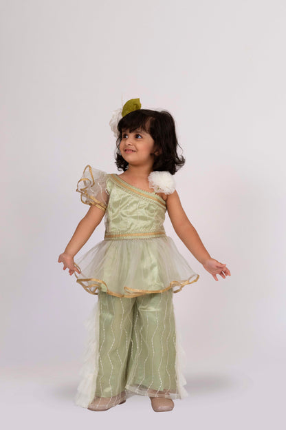 Elaisha One-Shoulder Sleeve Ruffle Detailed Top With Palazzo Set - Pista Green