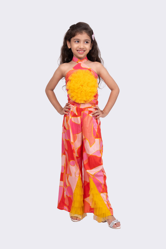 Elaisha Rayon Woven Sleeveless All Over Geometrical Print Top With Palazzo-Coral & Yellow