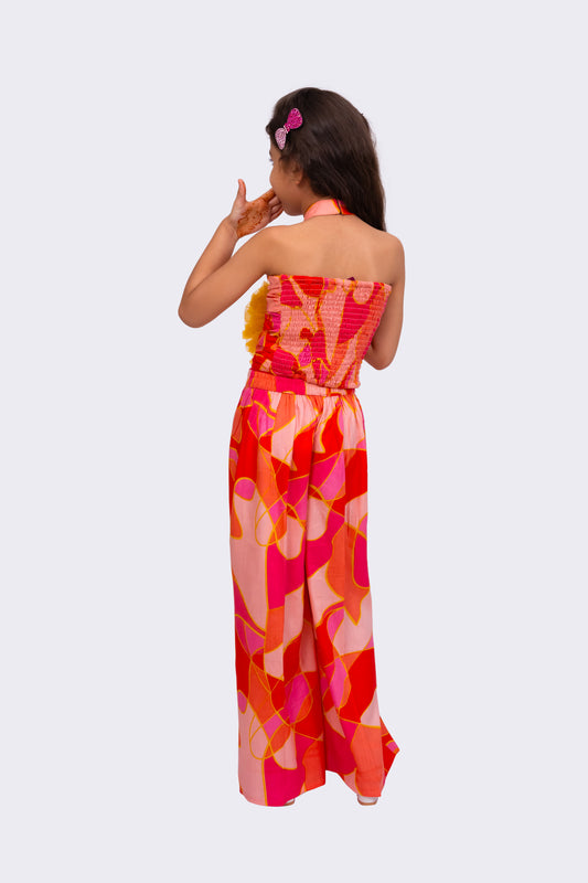 Elaisha Rayon Woven Sleeveless All Over Geometrical Print Top With Palazzo-Coral & Yellow