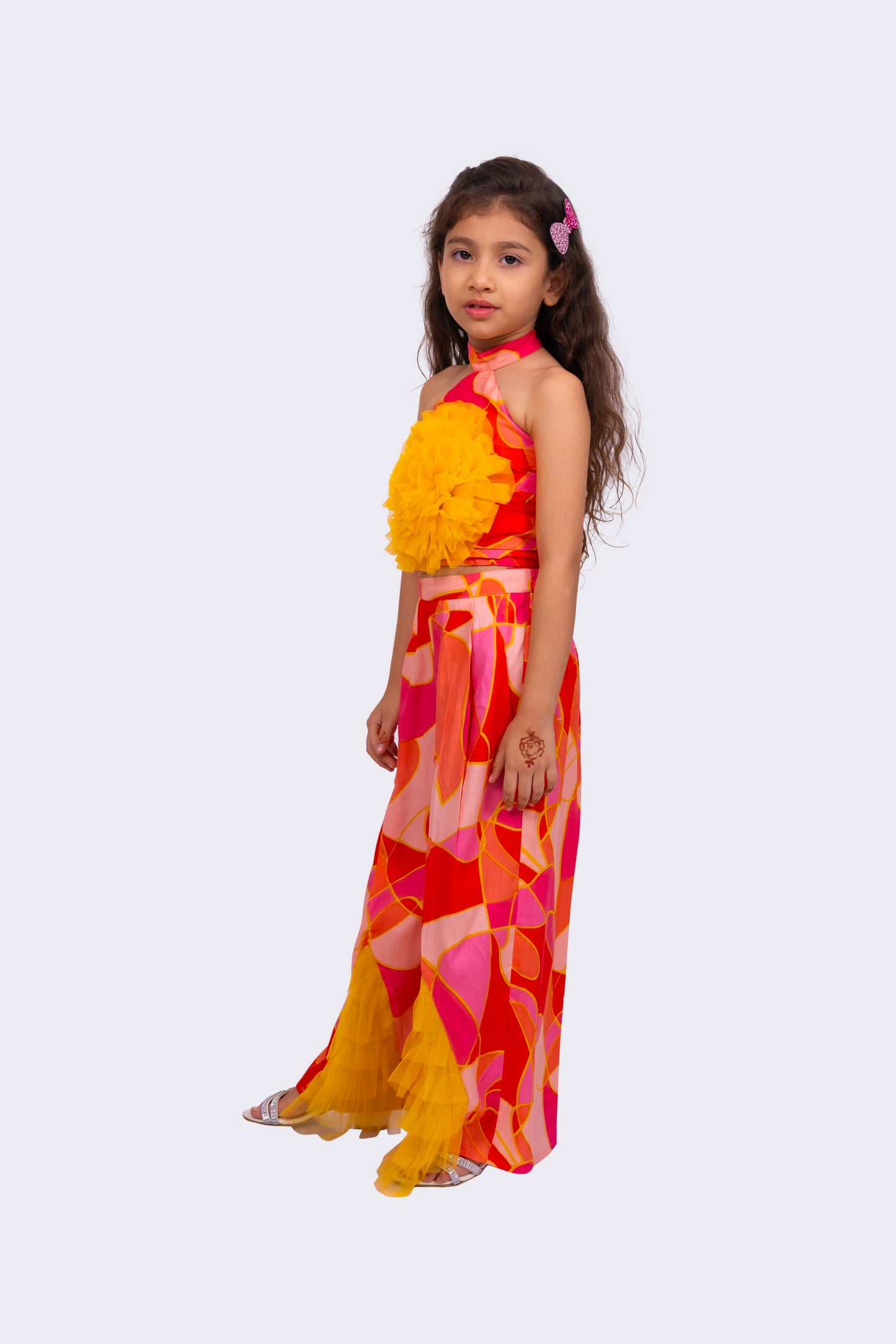 Elaisha Rayon Woven Sleeveless All Over Geometrical Print Top With Palazzo-Coral & Yellow