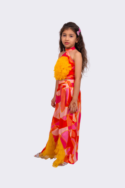 Elaisha Rayon Woven Sleeveless All Over Geometrical Print Top With Palazzo-Coral & Yellow