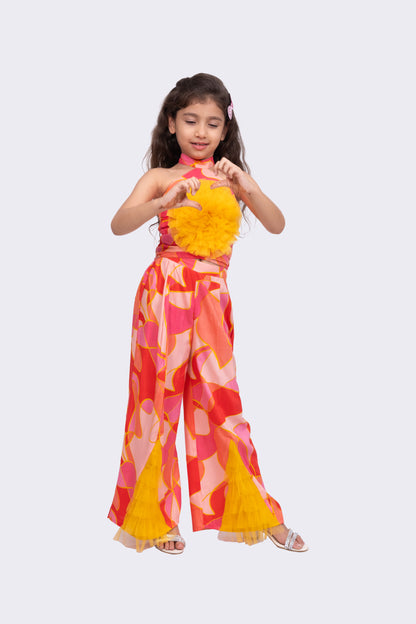 Elaisha Rayon Woven Sleeveless All Over Geometrical Print Top With Palazzo-Coral & Yellow
