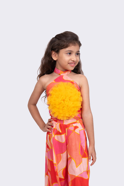 Elaisha Rayon Woven Sleeveless All Over Geometrical Print Top With Palazzo-Coral & Yellow