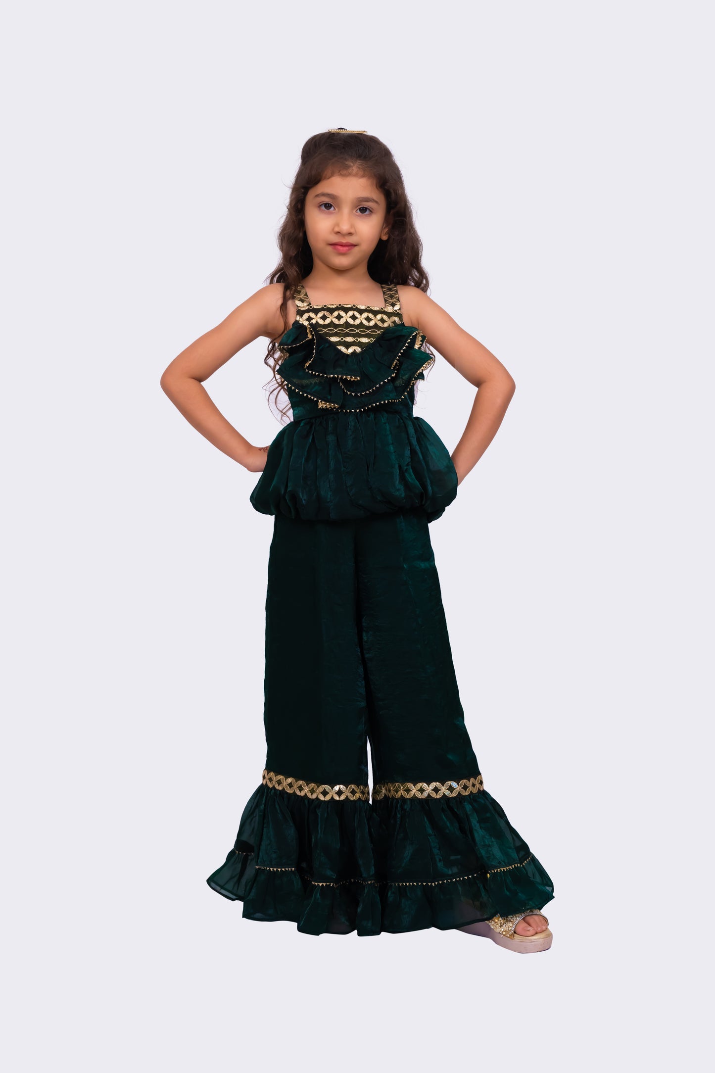 Elaihsa Georgette Woven Sleeveless Embellished  Top With Palazzo-Dark Green