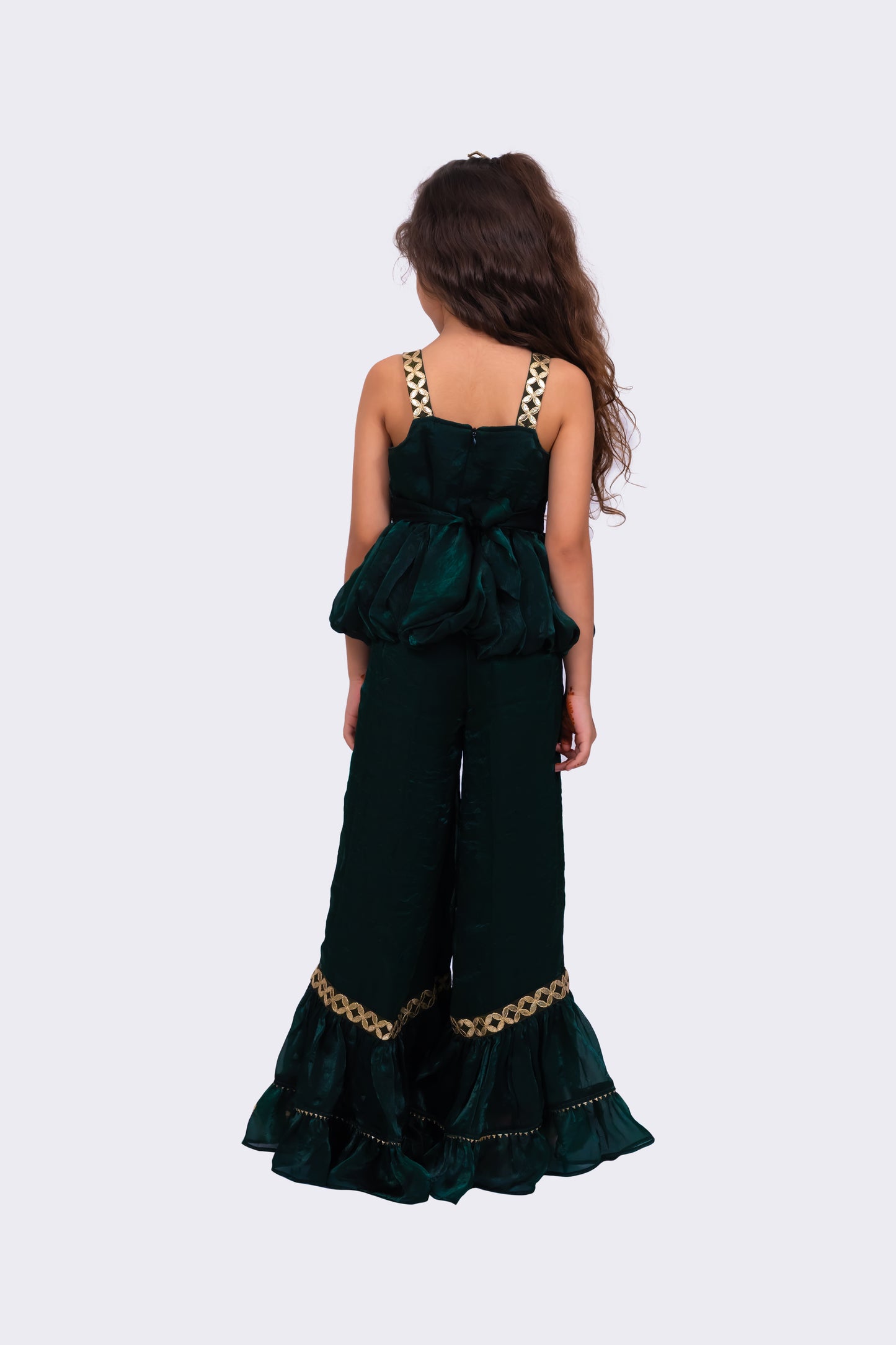 Elaihsa Georgette Woven Sleeveless Embellished  Top With Palazzo-Dark Green