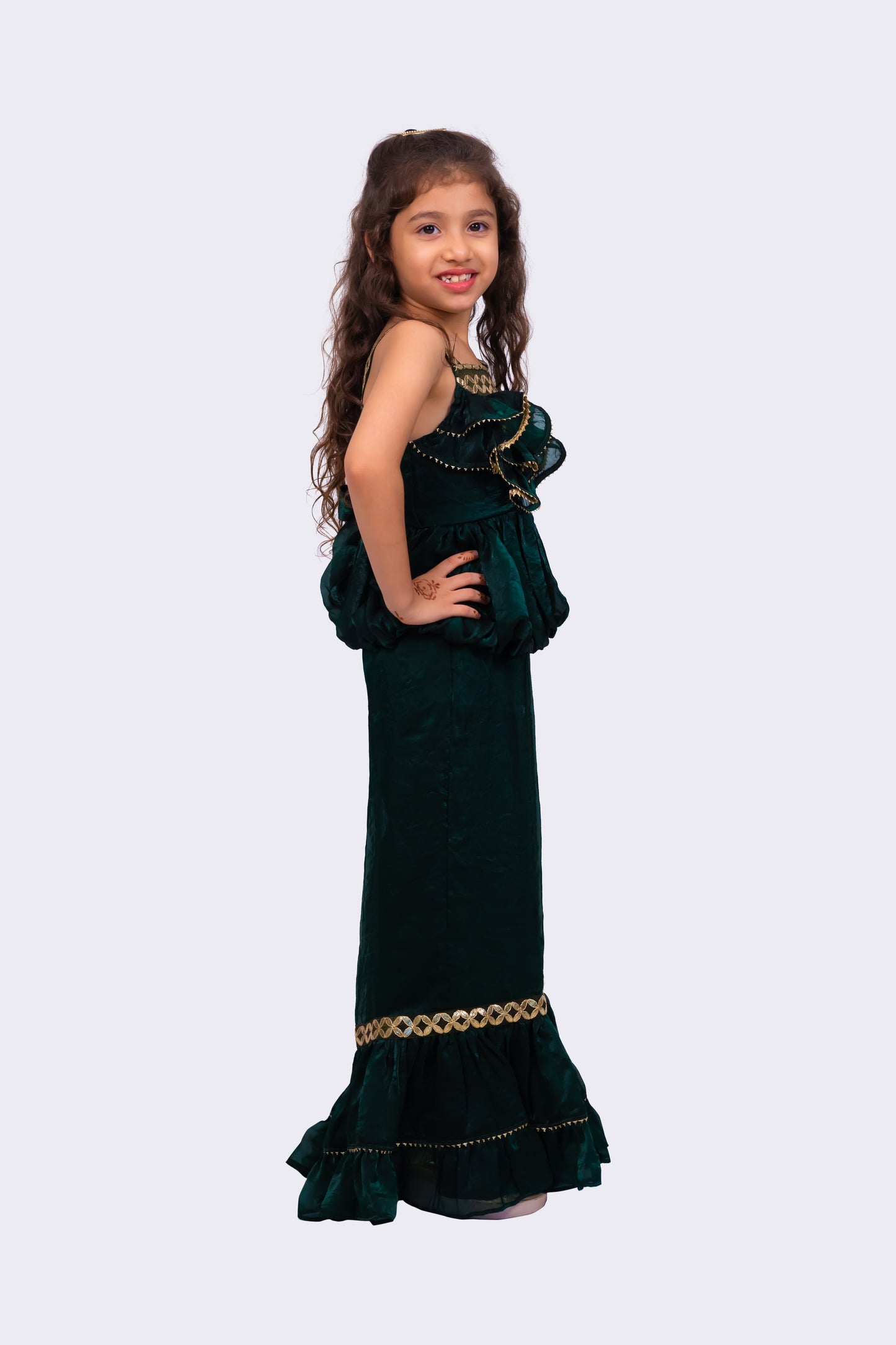 Elaihsa Georgette Woven Sleeveless Embellished  Top With Palazzo-Dark Green