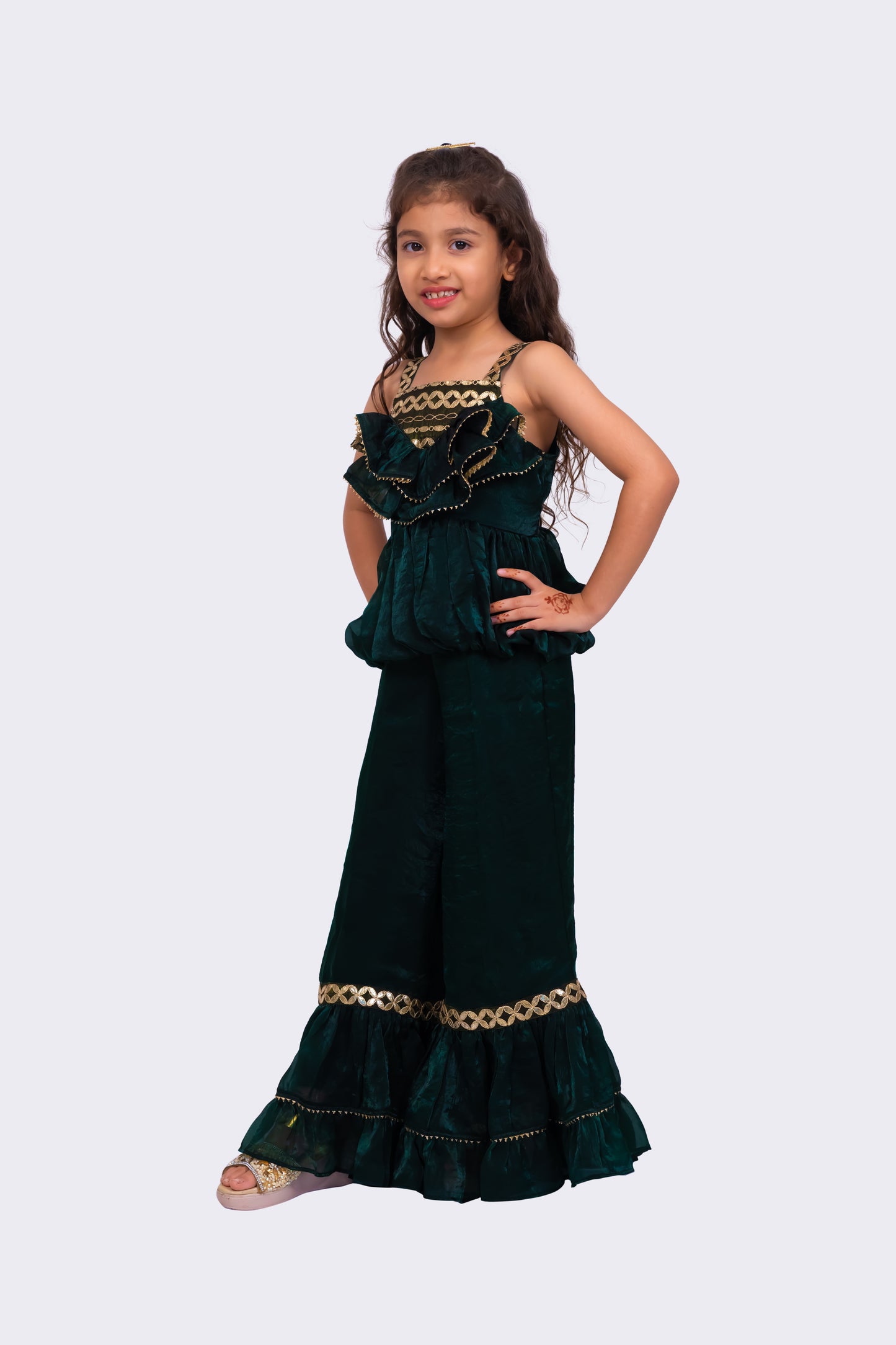 Elaihsa Georgette Woven Sleeveless Embellished  Top With Palazzo-Dark Green