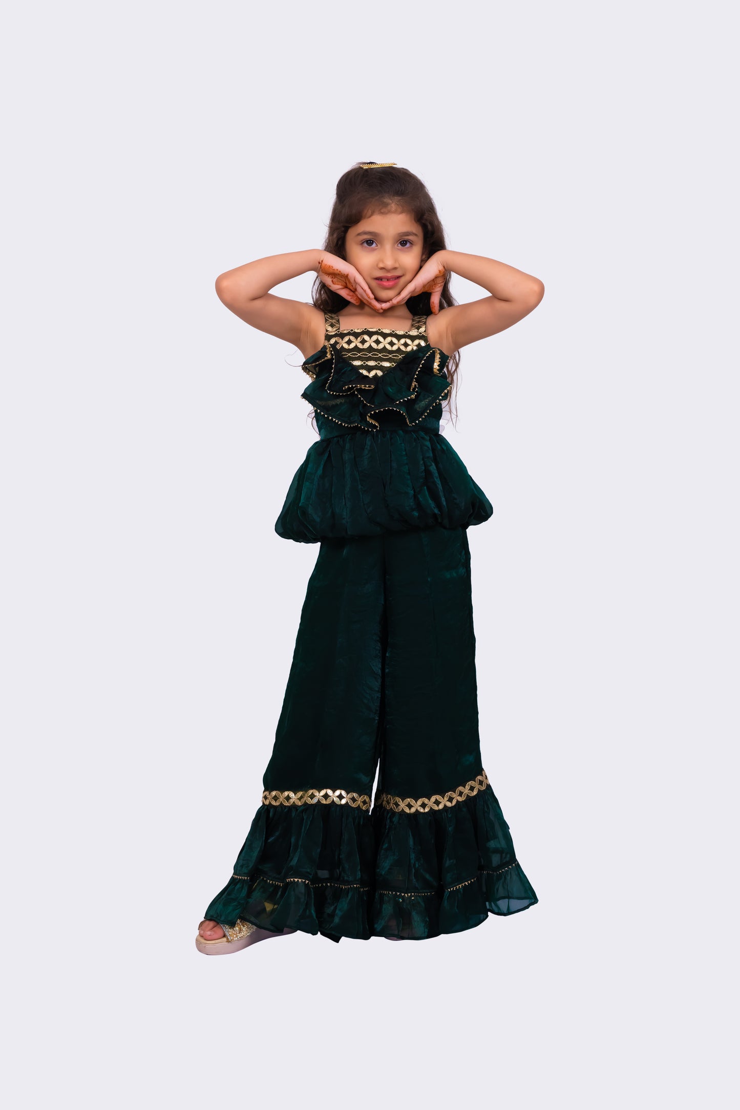 Elaihsa Georgette Woven Sleeveless Embellished  Top With Palazzo-Dark Green