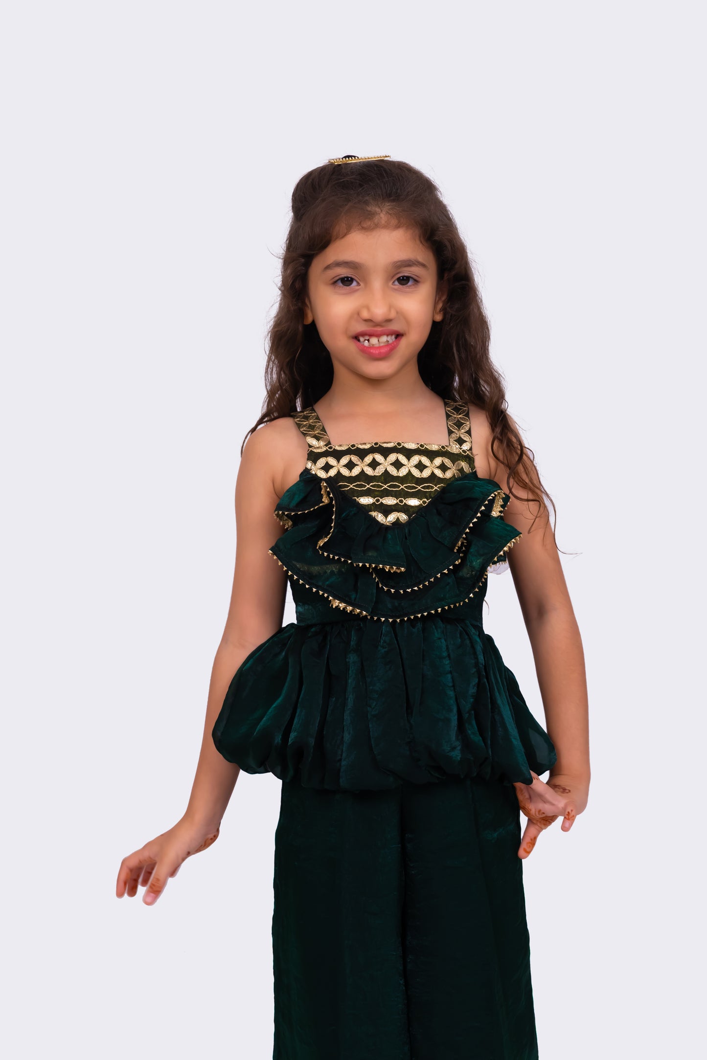 Elaihsa Georgette Woven Sleeveless Embellished  Top With Palazzo-Dark Green