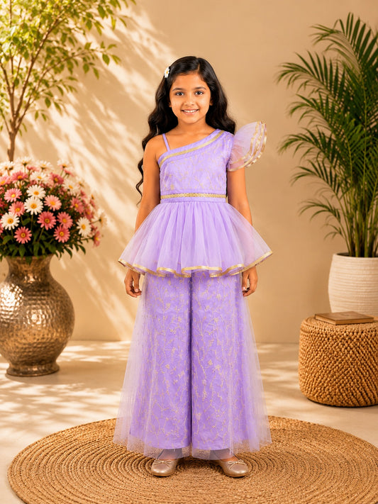Elaisha Girls Woven  Sleeveless Embriodered Top With Palazzo-Purple