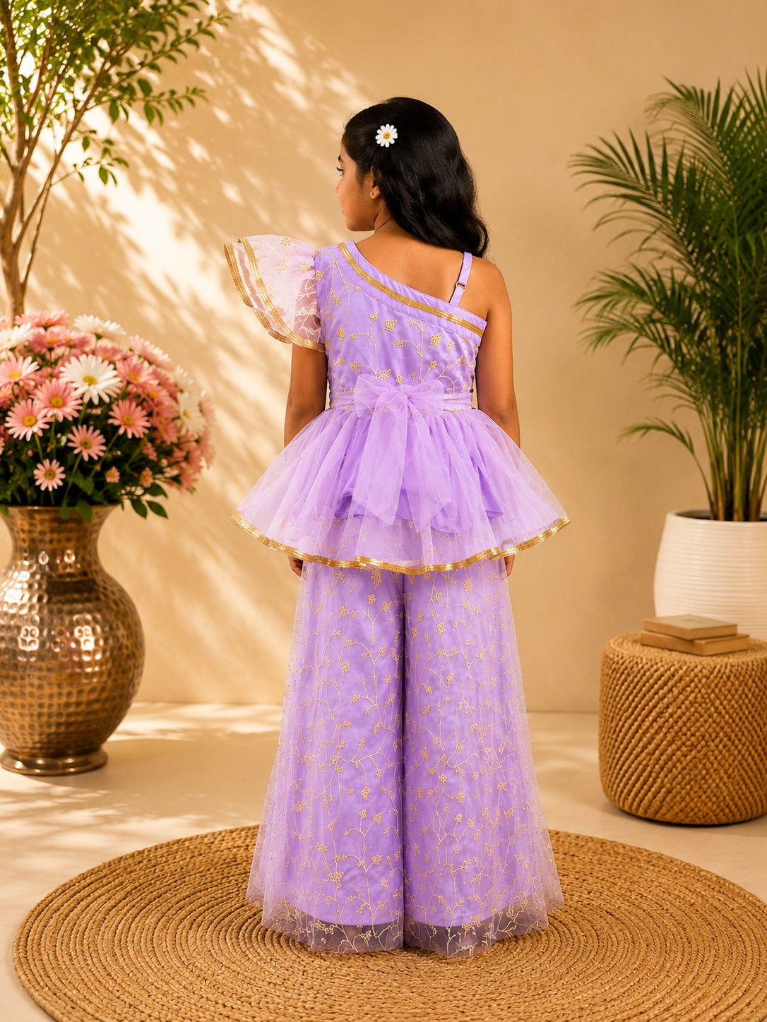 Elaisha Girls Woven  Sleeveless Embriodered Top With Palazzo-Purple