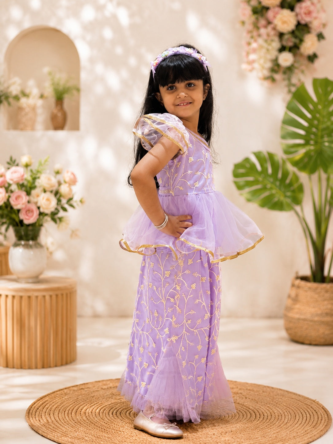 Elaisha Girls Woven  Sleeveless Embriodered Top With Palazzo-Purple