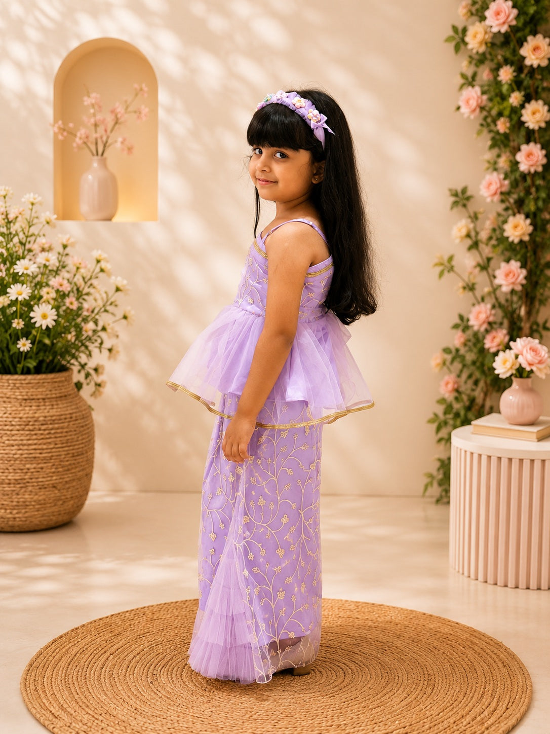 Elaisha Girls Woven  Sleeveless Embriodered Top With Palazzo-Purple
