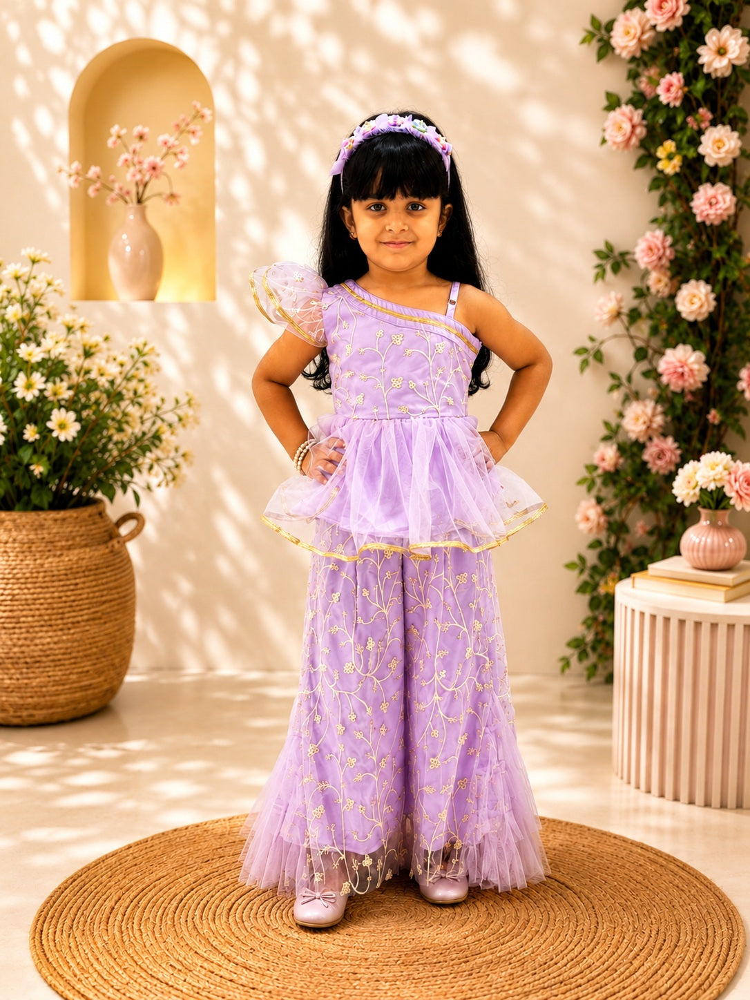 Elaisha Girls Woven  Sleeveless Embriodered Top With Palazzo-Purple
